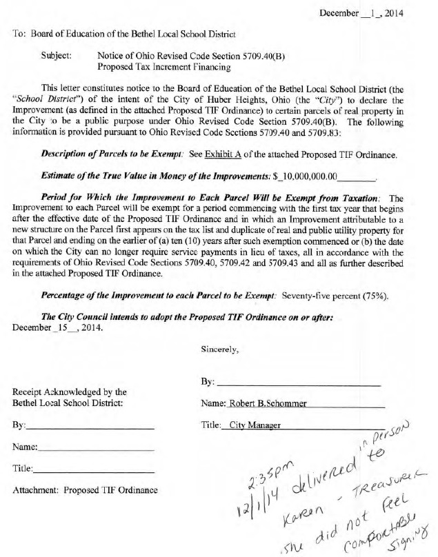 Huber Heights notification to Bethel of intent to create TIF
